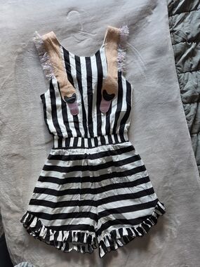 Wauw Capow Girls' Black & White Striped Romper with Pink Strap Accents